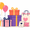 Flat vector illustration of thoughtful gift ideas for content creators featuring gift boxes, shopping bag, coffee cup, greeting card, and balloons on a white background.