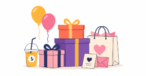 Flat vector illustration of thoughtful gift ideas for content creators featuring gift boxes, shopping bag, coffee cup, greeting card, and balloons on a white background.