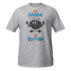 Funny "My Cardio Is Editing" graphic t-shirt featuring a muscular film camera illustration for video editors, filmmakers, and content creators.