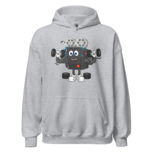 Funny "My Cardio Is Editing" graphic hoodie featuring a muscular film camera illustration for video editors, filmmakers, and content creators.