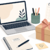 Thoughtful office gift ideas featuring a modern workspace with a laptop, notebook, coffee mug, desk plant, calendar, sticky notes, and a wrapped gift in a clean flat vector illustration.