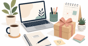 Thoughtful office gift ideas featuring a modern workspace with a laptop, notebook, coffee mug, desk plant, calendar, sticky notes, and a wrapped gift in a clean flat vector illustration.