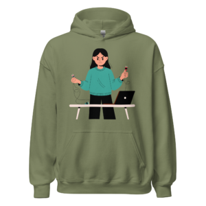 Funny office hoodie featuring the "Too Many Tabs, No Clear Plan" illustration, a humorous pullover for programmers, students, creators, freelancers, and office workers.