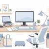 Work from home essentials checklist featuring a modern home office setup with desk, chair, laptop, notebook and workspace accessories.