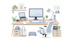Work from home essentials checklist featuring a modern home office setup with desk, chair, laptop, notebook and workspace accessories.