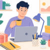 Flat vector illustration of a modern home workspace with thoughtful work from home gift ideas including a laptop, notebook, coffee mug, tote bag, headphones, plants, desk lamp, and gift boxes.