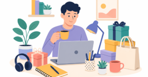 Flat vector illustration of a modern home workspace with thoughtful work from home gift ideas including a laptop, notebook, coffee mug, tote bag, headphones, plants, desk lamp, and gift boxes.