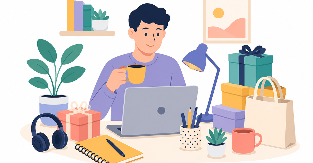 Flat vector illustration of a modern home workspace with thoughtful work from home gift ideas including a laptop, notebook, coffee mug, tote bag, headphones, plants, desk lamp, and gift boxes.