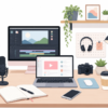 Content creator setup with organized desk, laptop, monitor, notebook, lighting and workspace accessories