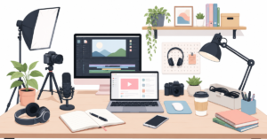 Content creator setup with organized desk, laptop, monitor, notebook, lighting and workspace accessories