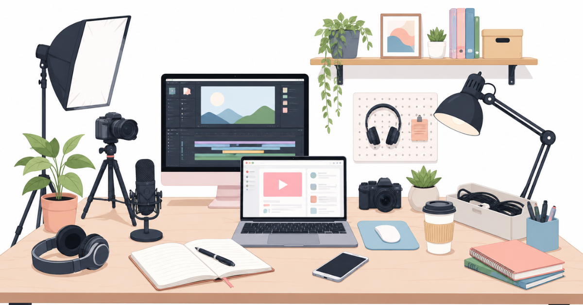 Content creator setup with organized desk, laptop, monitor, notebook, lighting and workspace accessories