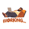 Funny freelancer sticker featuring a relaxed person working on a laptop with “Working…” text