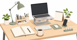 Flat vector illustration of a modern office desk featuring essential workspace accessories including a notebook, desk organizer, coffee mug, laptop stand, desk lamp, indoor plant, and office supplies on a clean white background.