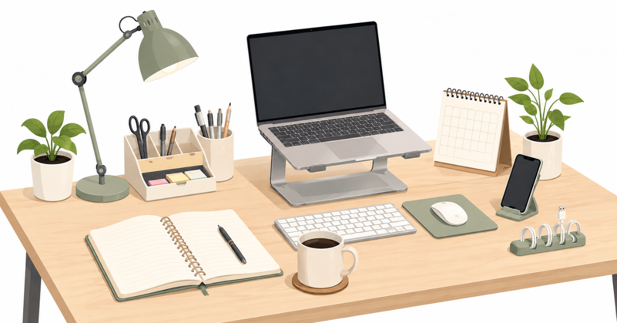 Flat vector illustration of a modern office desk featuring essential workspace accessories including a notebook, desk organizer, coffee mug, laptop stand, desk lamp, indoor plant, and office supplies on a clean white background.