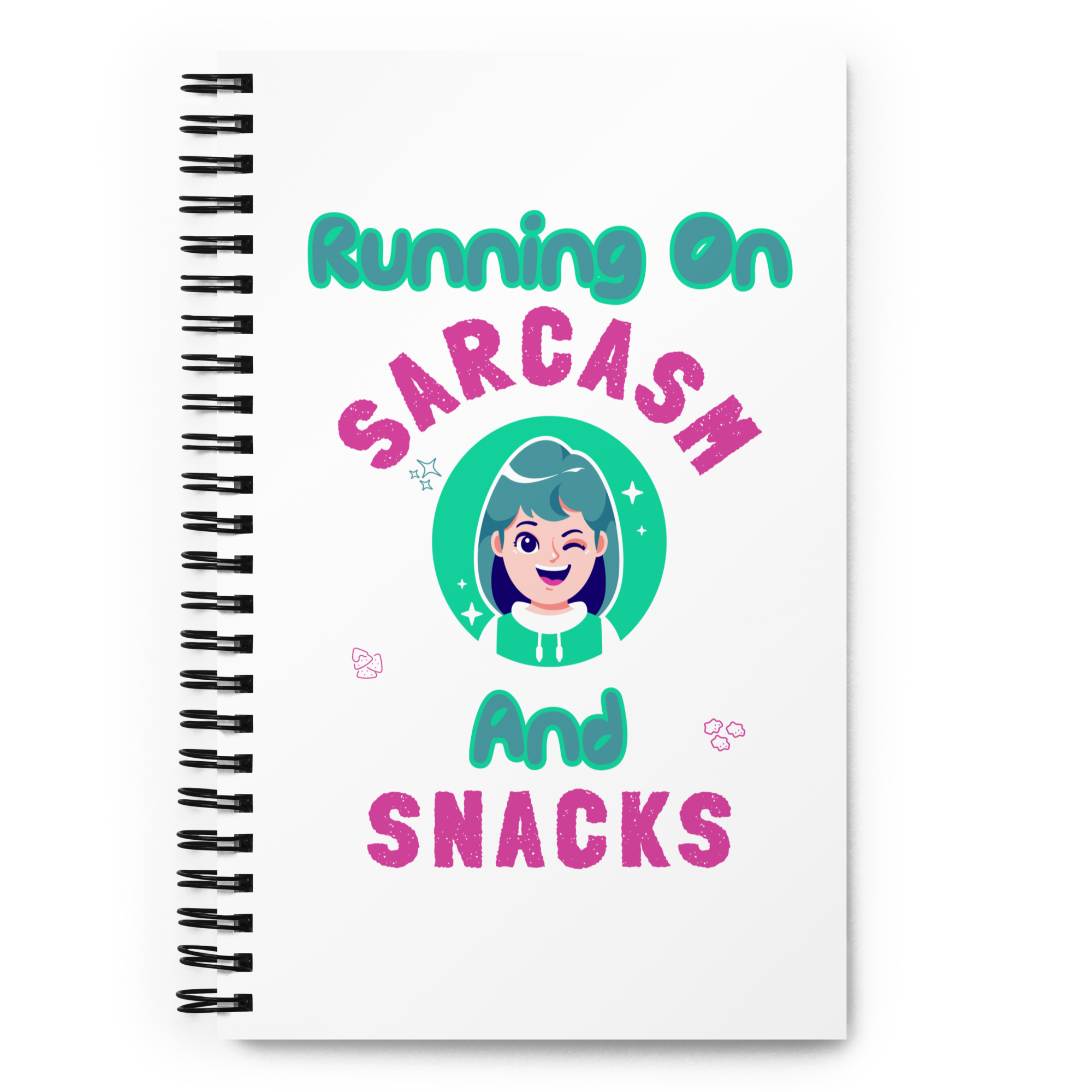 Running On Sarcasm And Snacks Funny Notebook Running On Sarcasm And Snacks funny notebook featuring colorful cartoon artwork and playful pink and teal typography