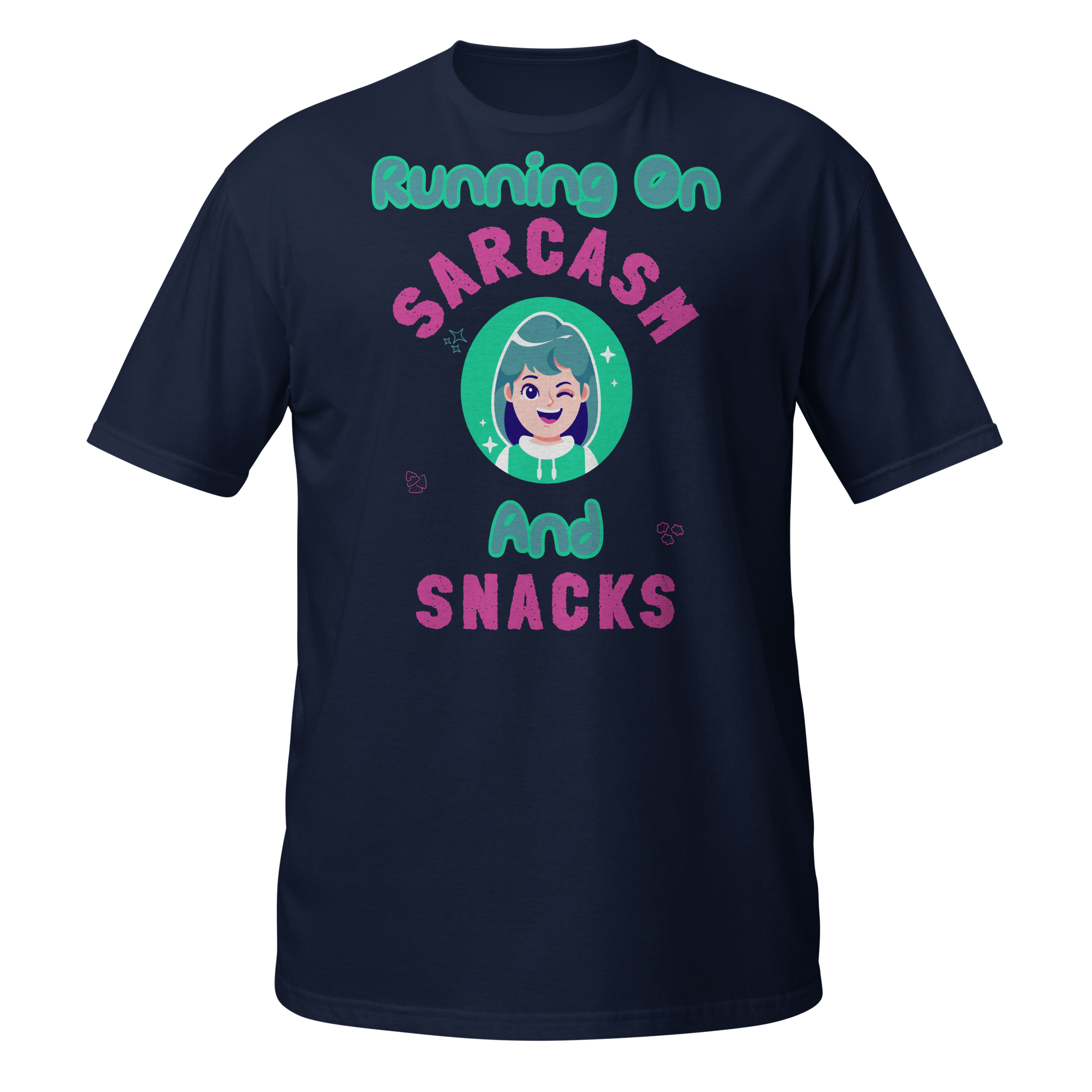 Running On Sarcasm And Snacks Funny T-Shirt Running On Sarcasm And Snacks funny T-shirt with colorful cartoon character and playful typography on a white shirt