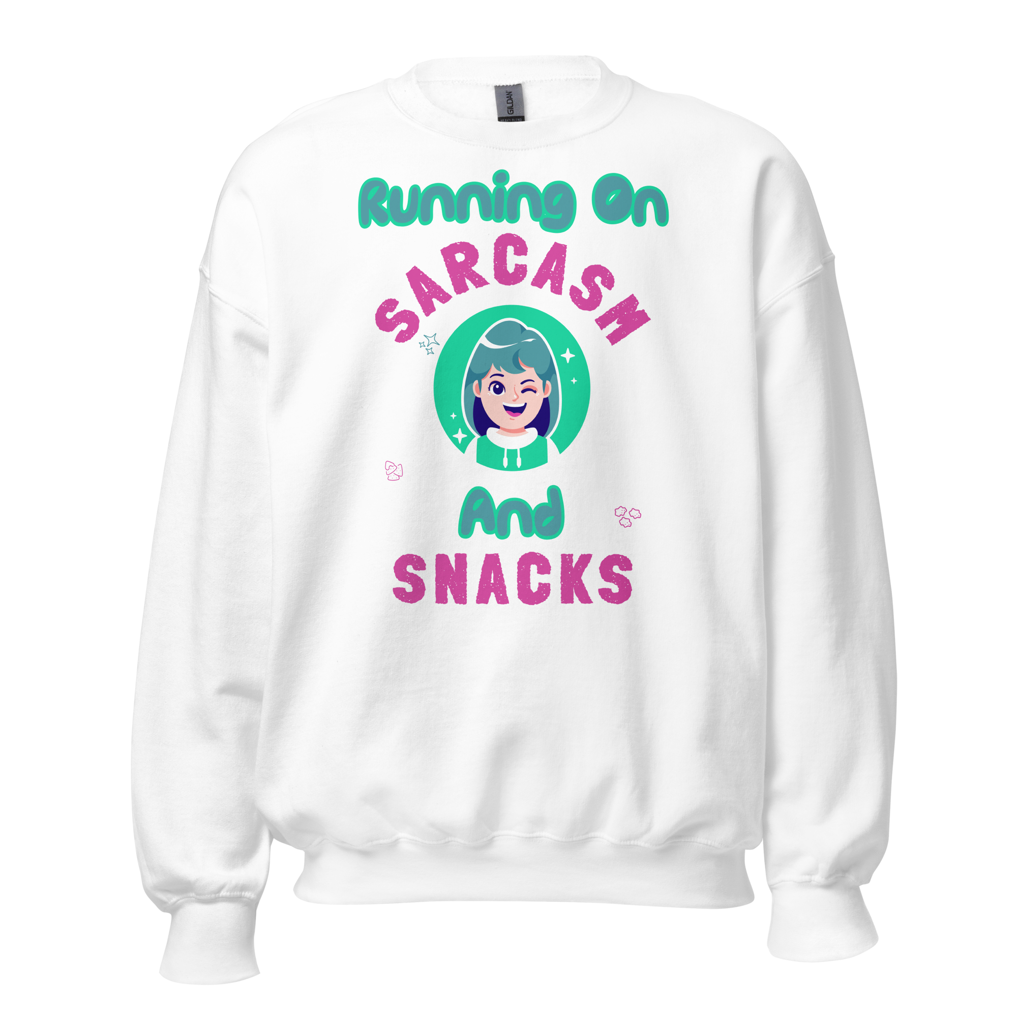 Running On Sarcasm And Snacks Funny Sweatshirt Running On Sarcasm And Snacks funny sweatshirt with colorful cartoon character and playful pink and teal typography
