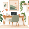 Home office workspace with desk, wall decor and personal decorative touches