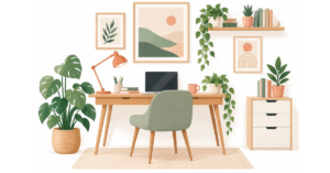 Home office workspace with desk, wall decor and personal decorative touches